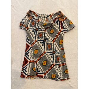 Anthropologie Tiny Ikat Diamond‎ Cowl Neck Studded Shoulder Top Grey Orange Med